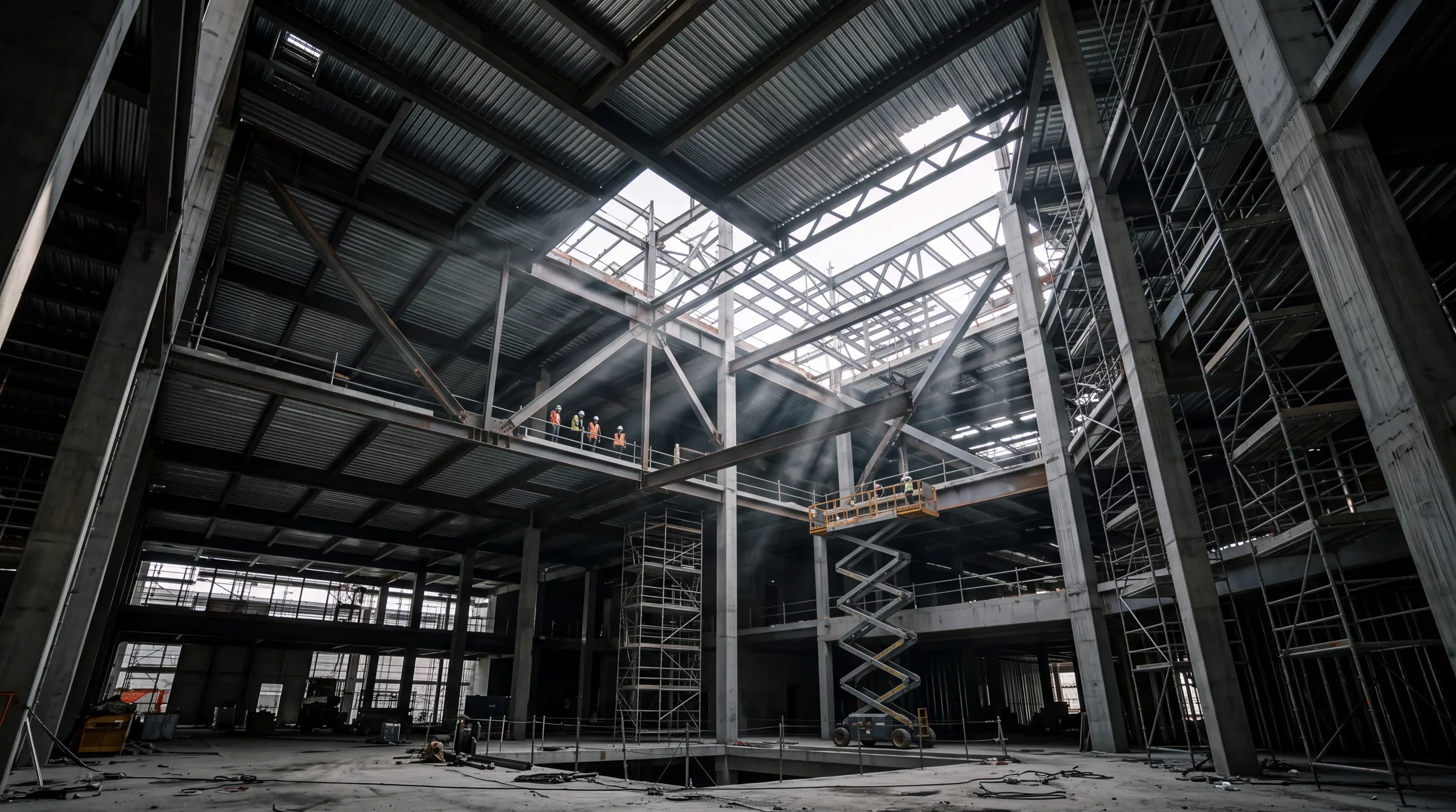 Steel structure and ceiling decking of a large civic building under construction
