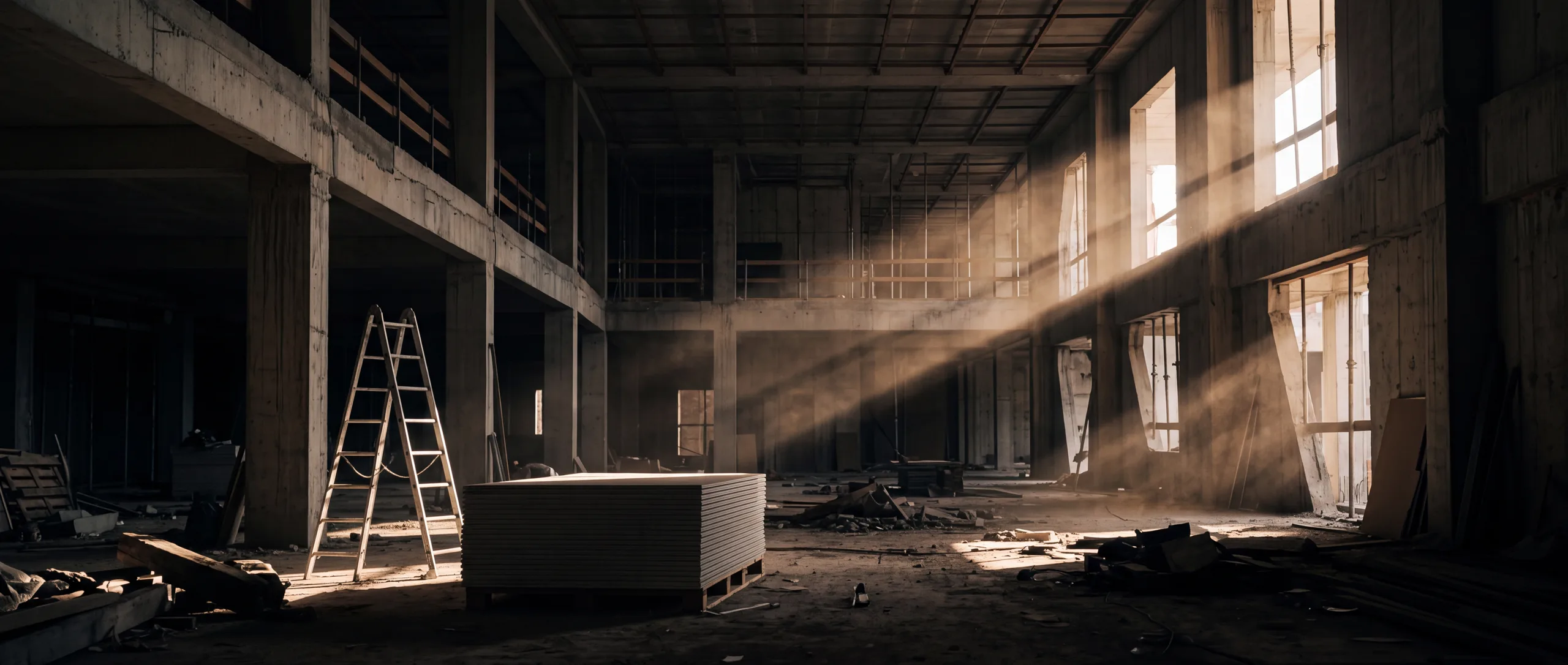 Unfinished institutional interior with dawn light through window openings