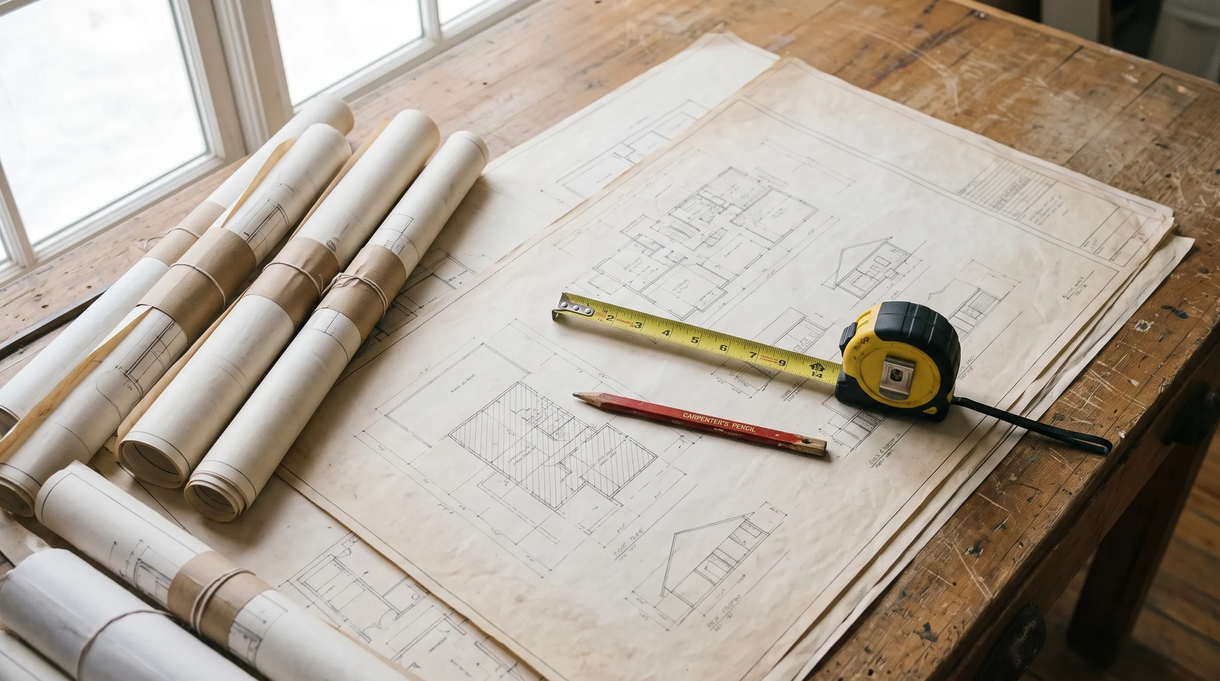 Plan sheets, tape measure and carpenter pencil on a plan table
