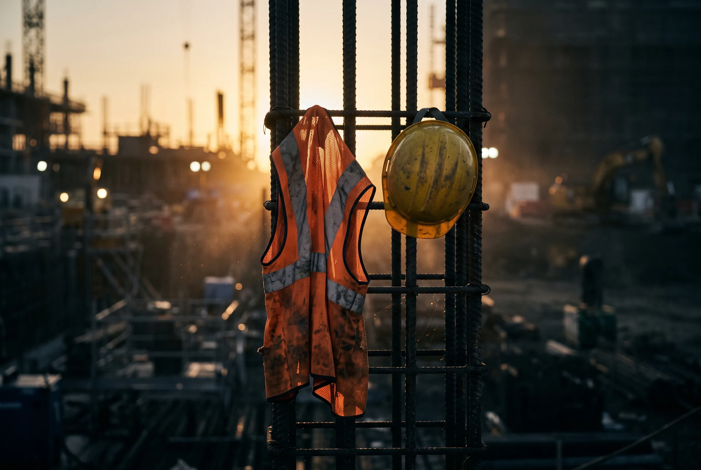 Hi-vis vest and hard hat hanging on rebar at sunrise
